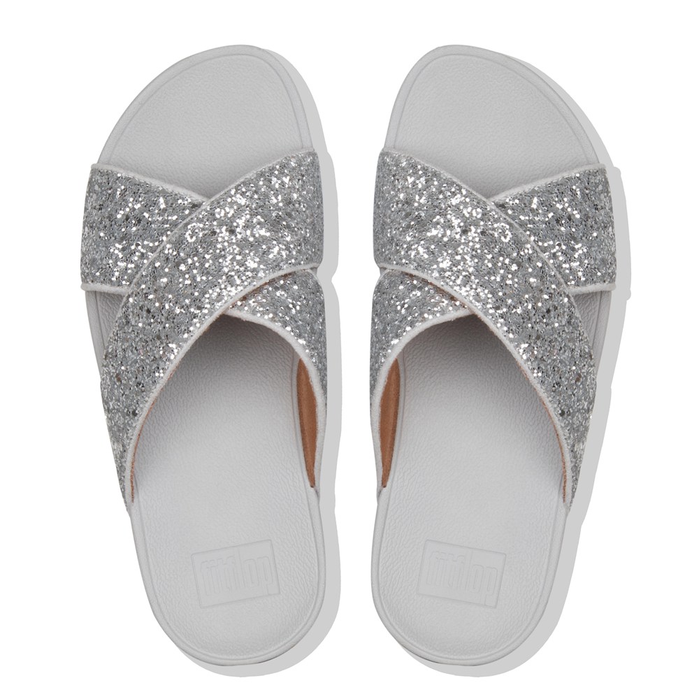 Fitflop Womens Slides Silver - Lulu Glitter Cross - 24VNJMABP